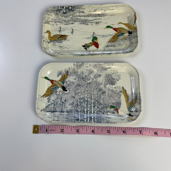 Vintage MASSILY Stamped Metal Outdoor Duck Pond Wood Scene Snack Trays Set of 2 - Picture 9 of 10